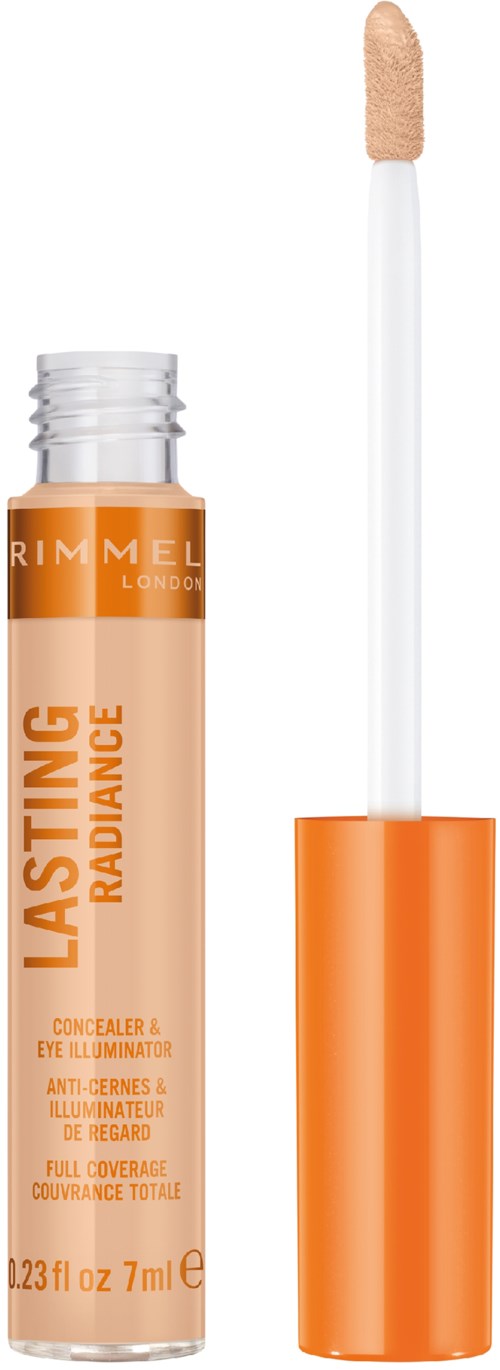 A small bottle with an orange cap and a white wand applicator for concealer or highlighter.