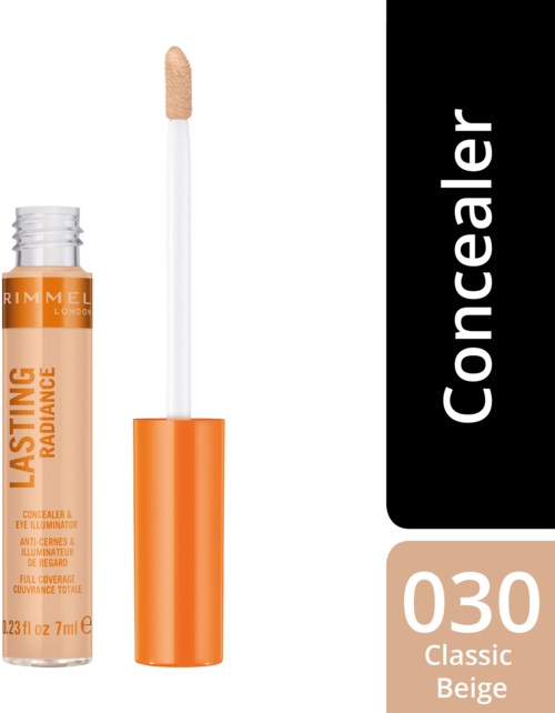 A beige concealer tube with an orange cap and an applicator wand next to it.
