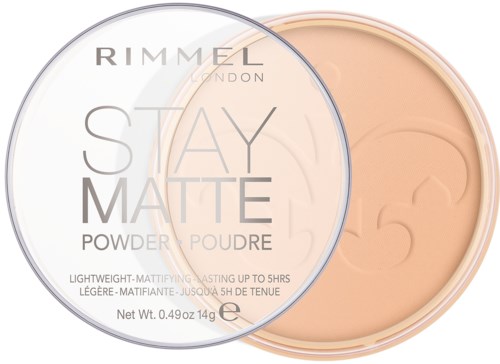 A compact powder from Rimmel with a light tone, labeled 'Stay Matte,' shows both the lid and the open product inside.