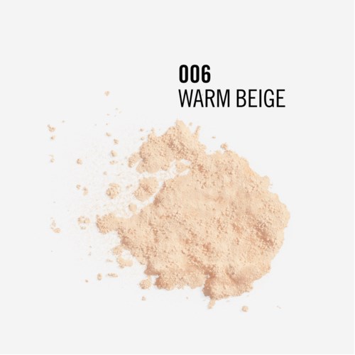 A beige powder with the text "006 WARM BEIGE" above it, on a white background.