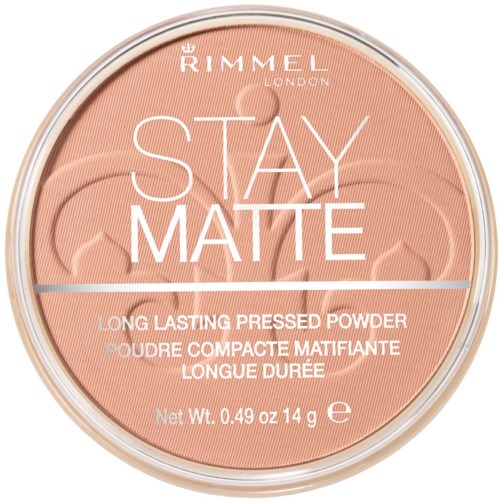 Ett Rimmel Stay Matte puder i persikfärg med vitt text och enkel design.