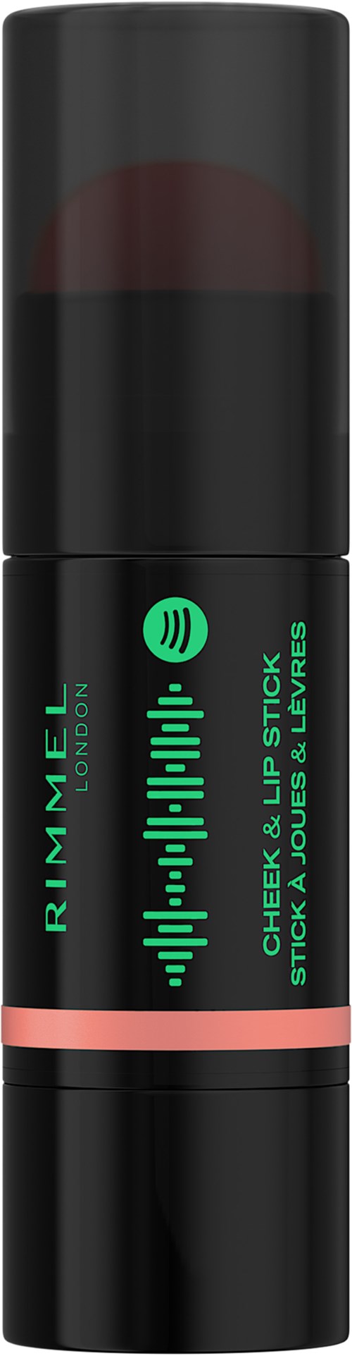 Black lip balm tube with a green sound wave and text, indicating it is a Rimmel lipstick.