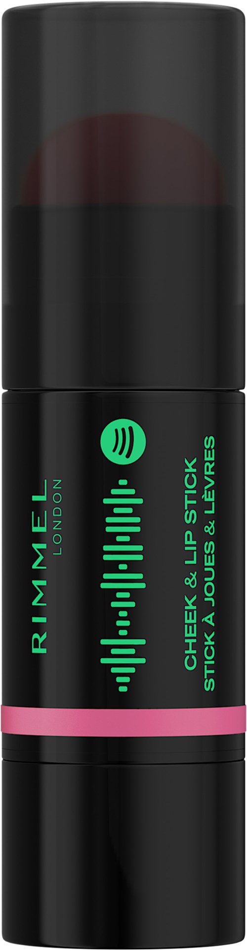 Black lipstick stick with green and pink labels and sound wave design. It is a Rimmel lip product.