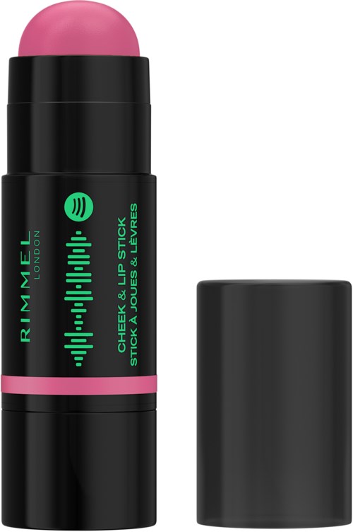 Lip balm in a black tube with pink top, labeled for lips and cheeks, from Rimmel London.