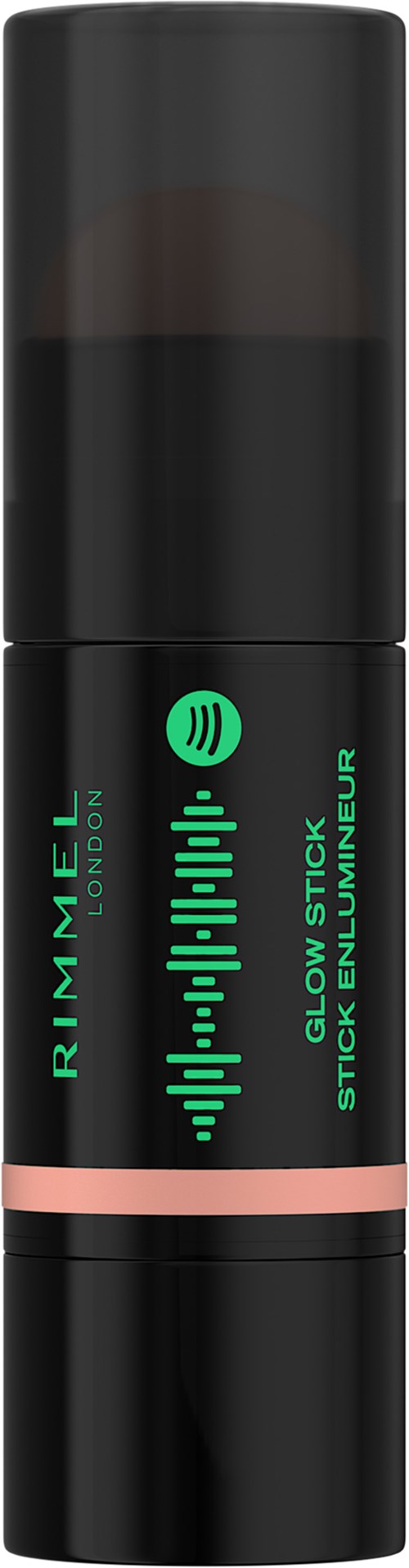 A black tube with green text, a sound wave design, and a pink band near the bottom.