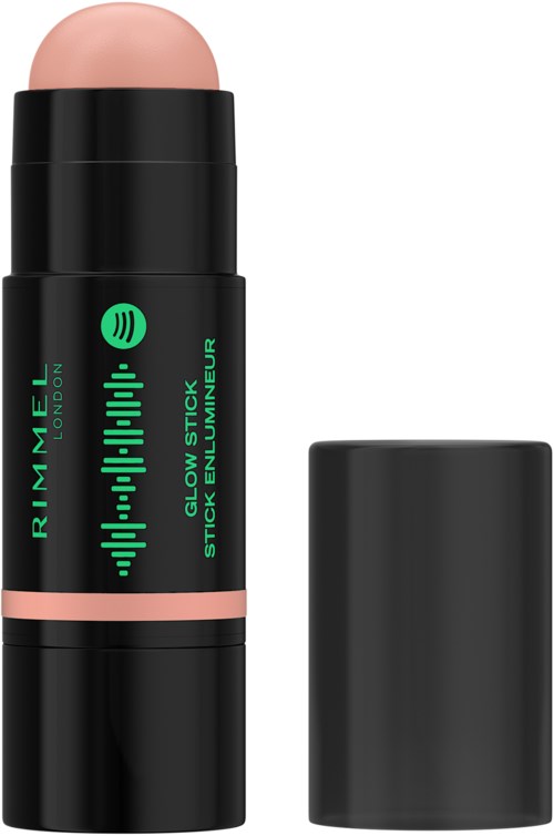A black lipstick-shaped tube with a beige color visible at the top, displaying green text and a design.
