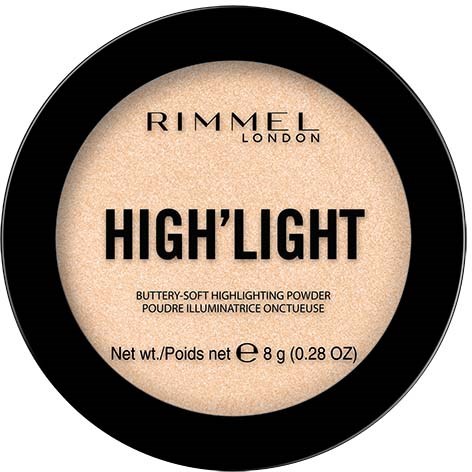 A round label with beige powder named 'High' Light' by Rimmel London on a black background.