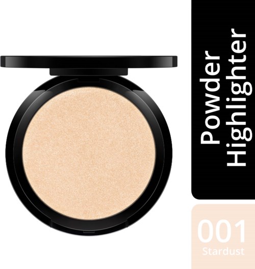 A round beige powder compact with a black lid, labeled "Powder Highlighter" in black and white, with "001 Stardust" written.