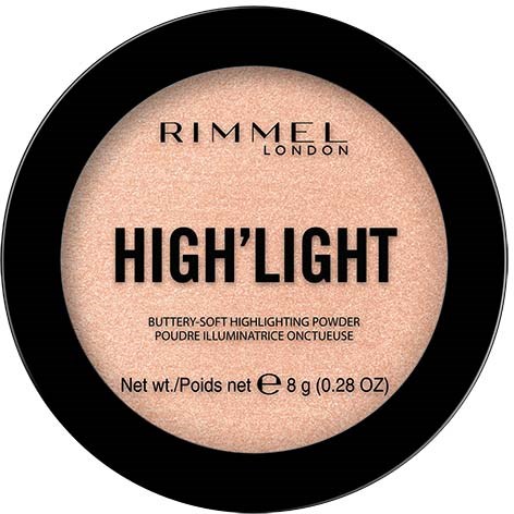 A round makeup container from Rimmel London with highlighter powder inside, labeled as soft, highlighting, and 8 grams.