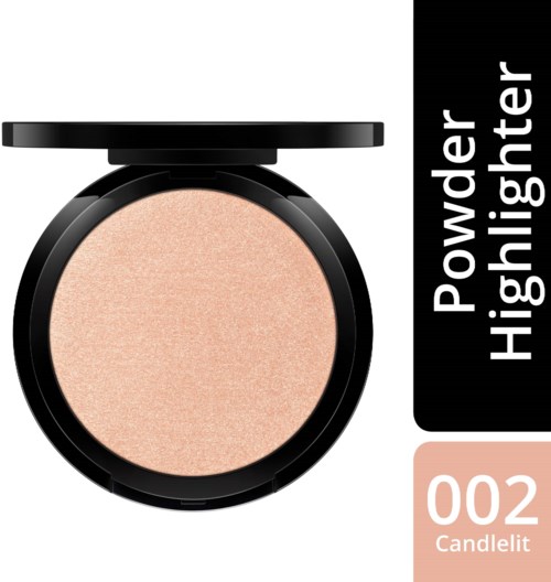 A round beige powder in a black compact case with a lid, labeled 'Power Highlight' and number '002 Candlelit.'