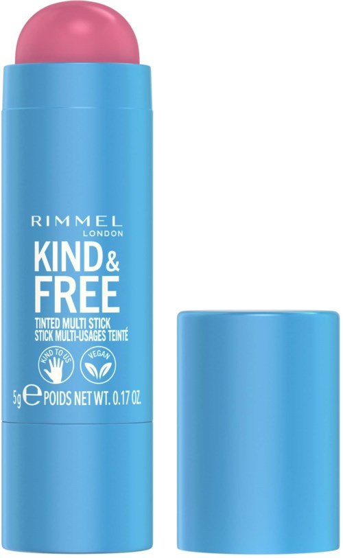 A blue and pink tinted lipstick stick with its cap removed, showing the lipstick, labeled "Rimmel London KIND & FREE."