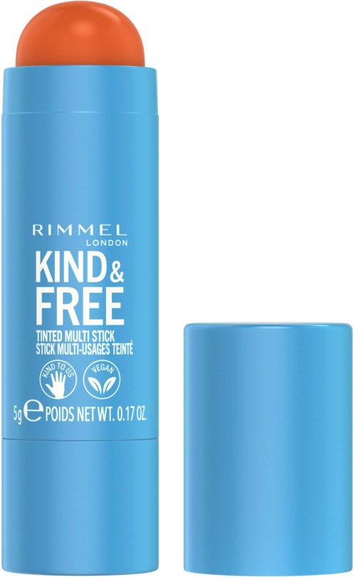 A blue tube with a cap, orange stick inside, labeled 'Rimmel London Kind & Free' and 'tinted multi stick.'