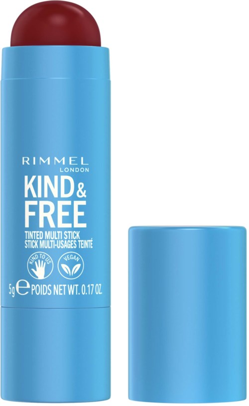 Blue stick with red cap, labeled "Rimmel London" and "Kind & Free."