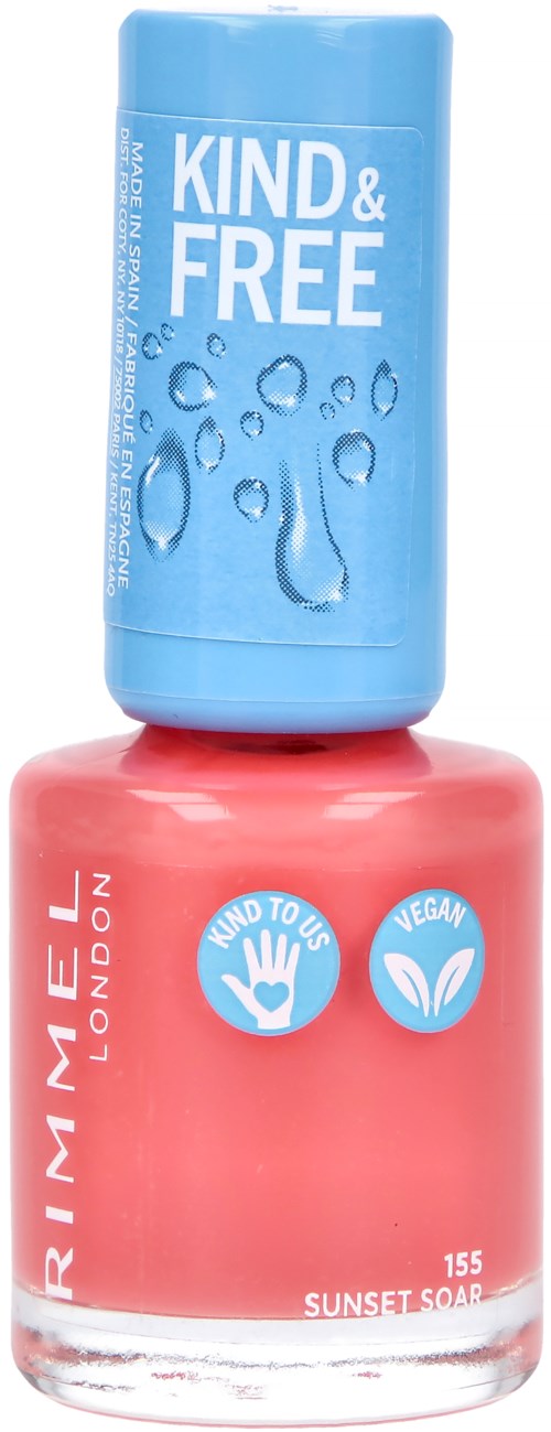 A pink nail polish bottle topped with a blue cap that says 'KIND & FREE' and shows water droplets.