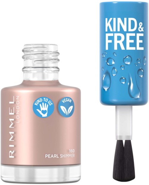 En nagellackflaska med etiketten 'Pearl Shimmer' intill en blå produkt med 'Kind & Free' på, kanske ett läppstift eller balm.