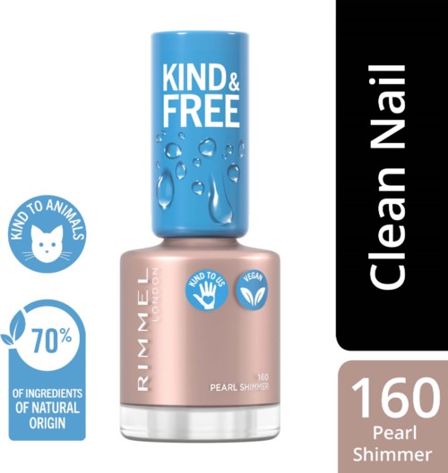 Nagellackflaska märkt 'Kind & Free' med vattendroppar, vegan och naturliga ingredienser, 70% ekologiska, och en 'Clean Nail'-etikett.
