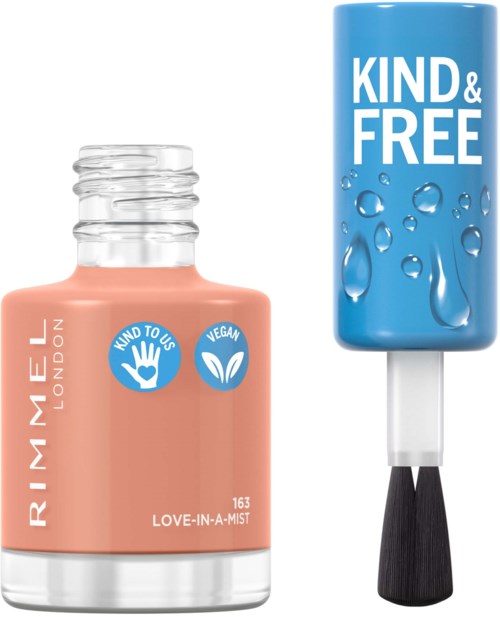 Nagellack och en vattenbaserad fuktkräm med etiketten 'Kind & Free' och blå lock. Båda är veganska och skonsamma.