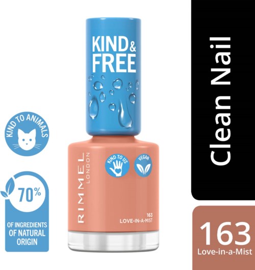 En nagellacksflaska märkt 'KIND & FREE' med blått lock och persikofärgad lack. Den visar miljövänliga symboler och numret 163.