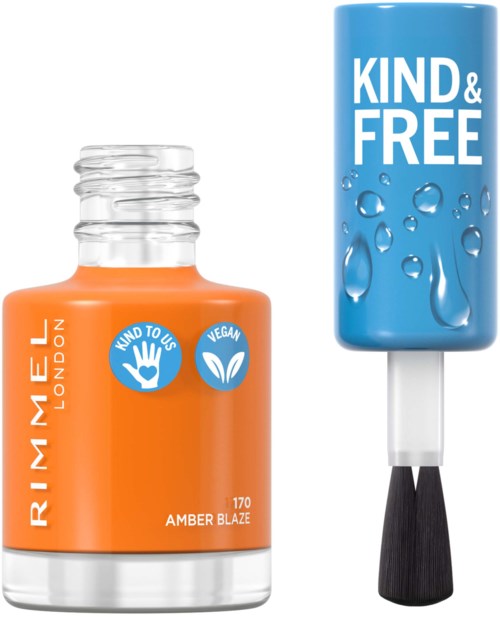 En nagellackflaska märkt 'Amber Blaze' och ett blått läppbalsam med 'Kind & Free'-text.