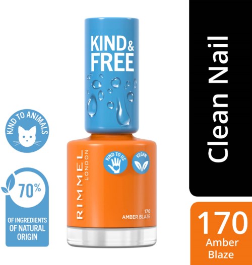 Nagellackflaska märkt 'KIND & FREE', orange nyans kallad Amber Blaze, med ikoner för naturliga ingredienser och '70 % av ingredienser från naturligt ursprung'.
