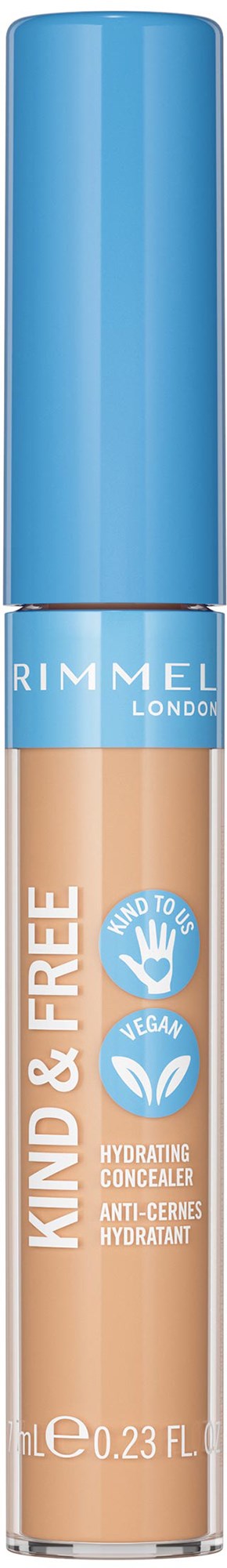 A lip product tube with blue cap and beige product inside, labeled "Rimmel London" and "Kind & Free".