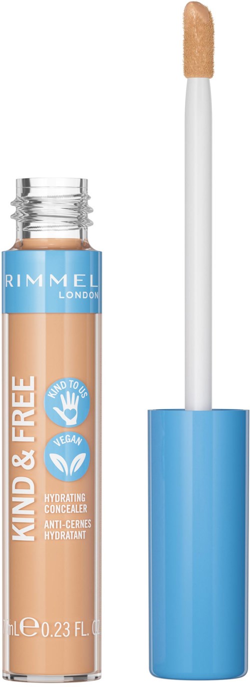 A concealer product with a blue cap and a beige application wand.