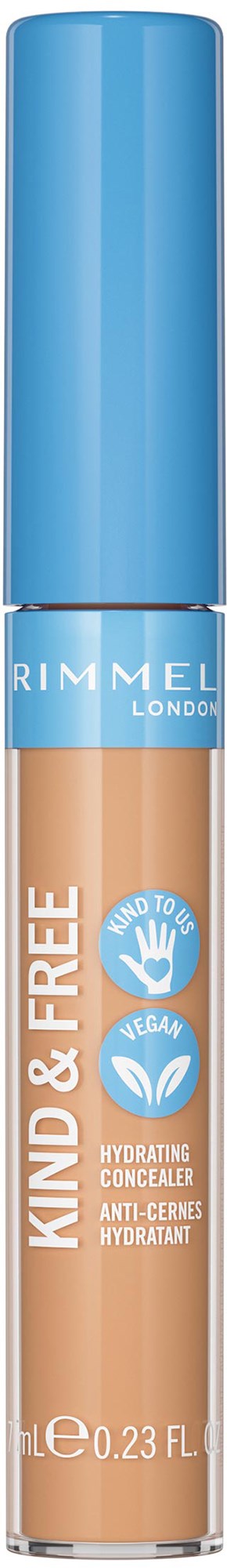 A lip concealer tube in beige with a blue cap, labeled as Rimmel London Kind & Free. It is vegan and hydrating.