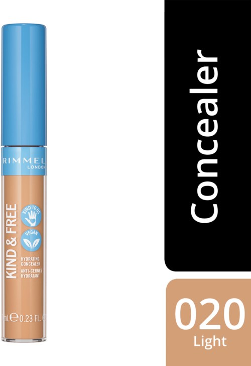 Rimmel London concealer in a tube, labeled 'Kind & Free,' light shade 020, designed for hiding blemishes.
