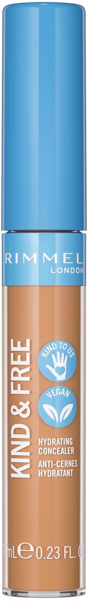 A tube of Rimmel London concealer with blue cap, labeled 'Kind & Free,' indicating it's hydrating and anti-cernes.