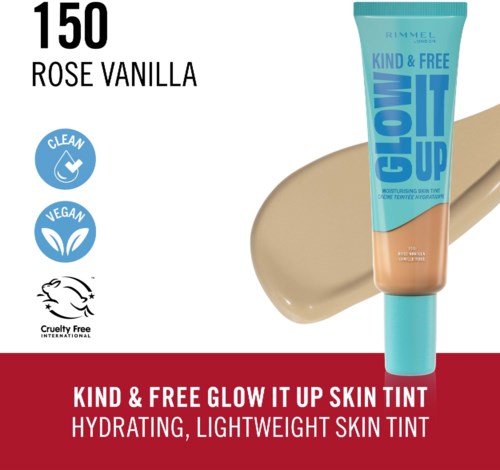 Blaue Tube mit Hautfarbent intant, Rimmel, vegan, cruelty-free, für strahlende, hydratisierte Haut.