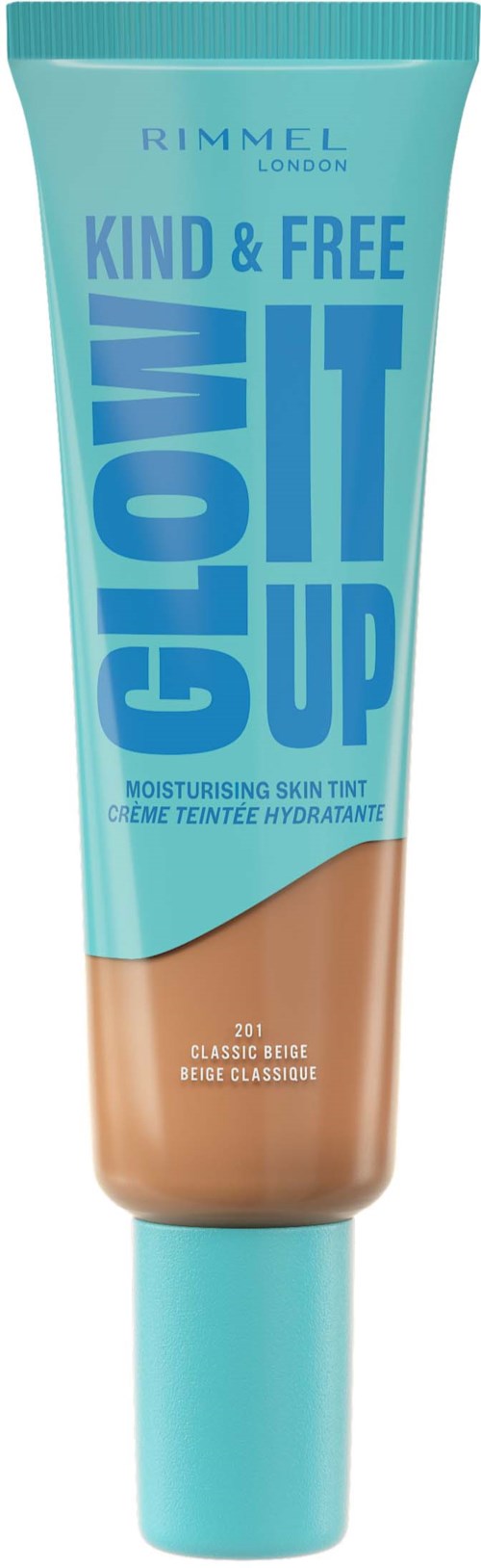 A tube of Rimmel London skin tint with blue and brown packaging, labeled as moisturising and suitable for all skin tones.