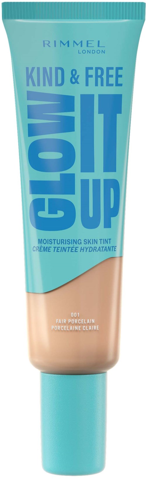 A tube of face makeup with blue and beige colors, labeled 'GLOW IT UP,' 'Rimmel London,' and 'Kind & Free.'