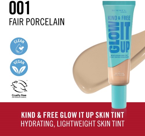 A tube of skin tint named "Glow It Up" from Rimmel, labeled as vegan, cruelty-free, and hydrating for light skin.