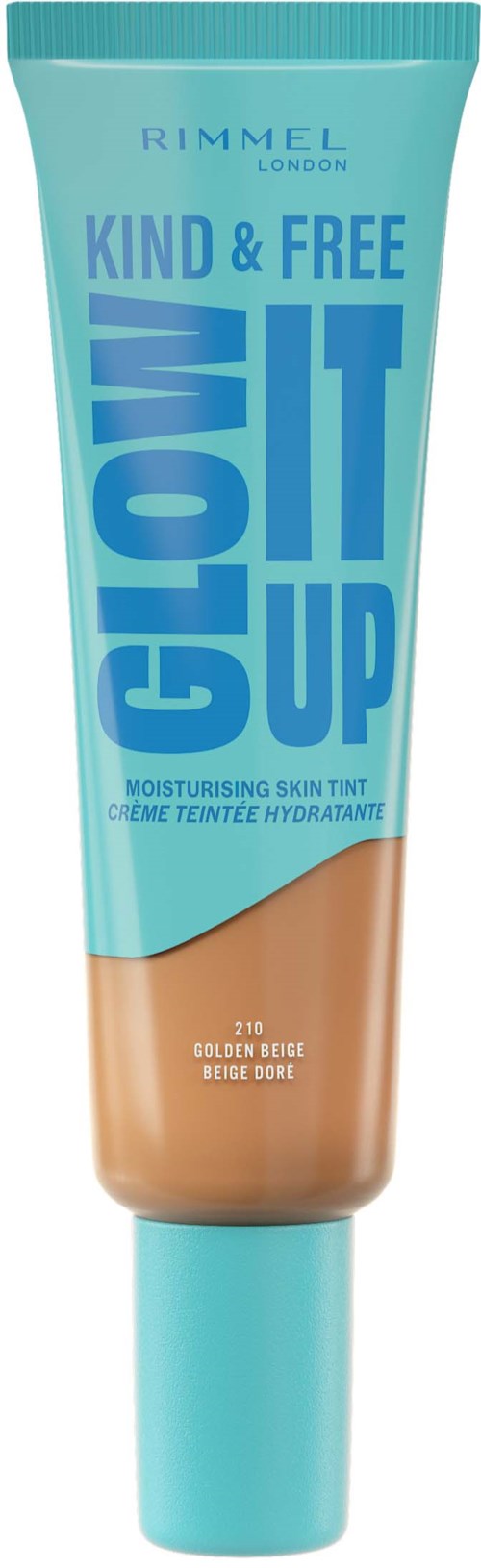 A tube of Rimmel London moisturizing skin tint, with blue and tan colors, called "Kind & Free It Up."