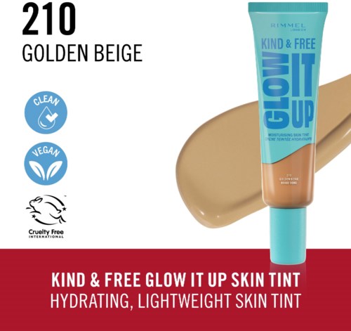 The product is a skin tint named 'Glow It Up,' in shade Golden Beige, promoting hydration and cruelty-free, vegan ingredients.