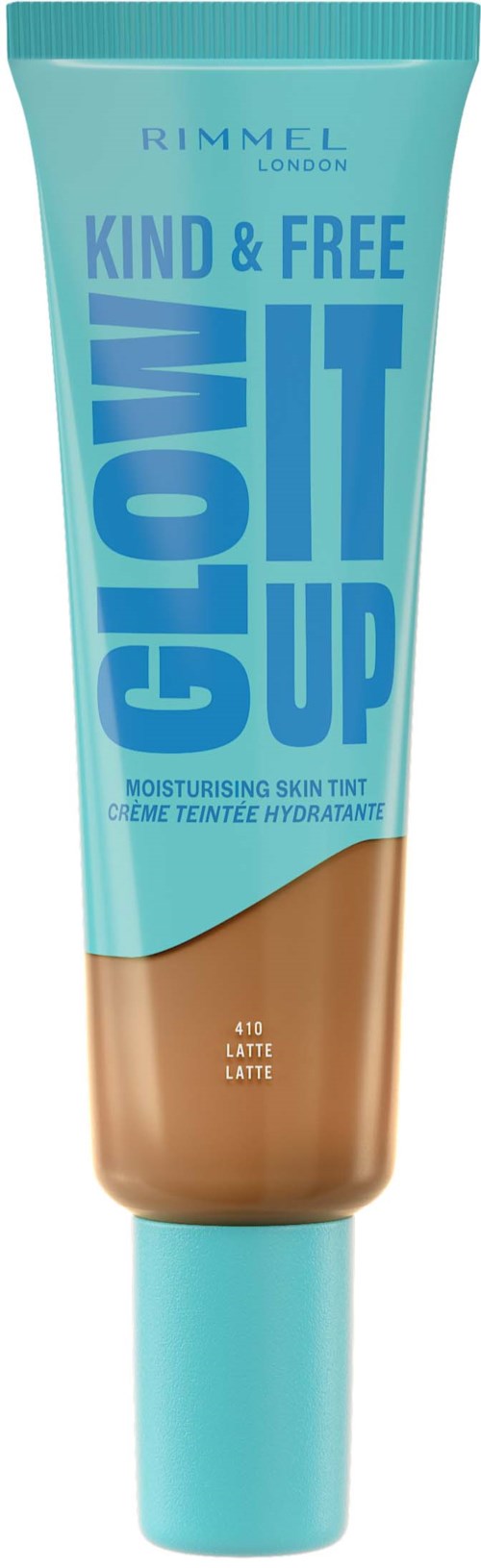 A tube of Rimmel London skin tint with blue and brown packaging, labeled 'Kind & Free' and 'Glow It Up'.