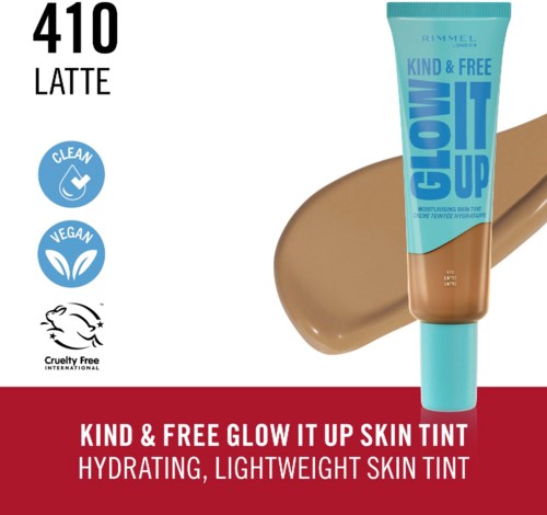 Tube of hydrating skin tint in light brown color with blue cap, shows swatch of product. Features vegan and cruelty-free logos.