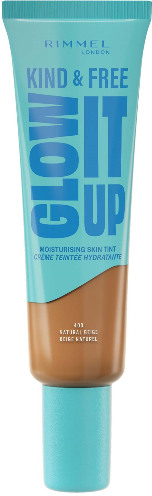 A tube of Rimmel London face product with blue and brown colors, labeled 'GLOW IT UP' and 'MOISTURISING SKIN TINT.'