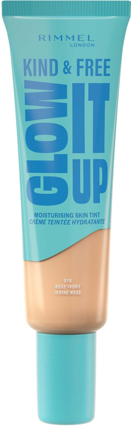 A tube of Rimmel London face primer with blue and beige packaging, labeled 'Kind & Free' and 'Glow It Up.'