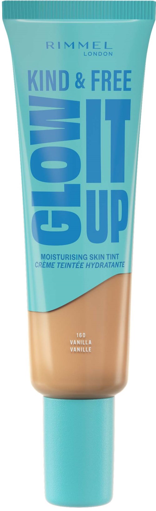 A tube of Rimmel London foundation labeled 'Kind & Free', designed for moisturizing skin with vanilla scent.