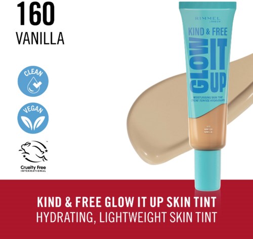 Tube of skin tint labeled 'Kind & Free Glow It Up,' with a swatch of beige cream and product details.