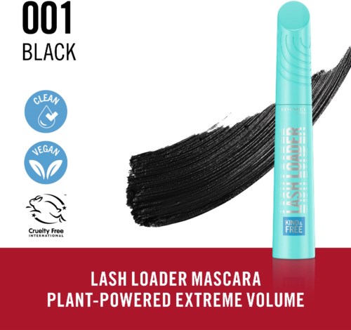 A turquoise mascara tube with black mascara stroke, labeled as Lash Loader Mascara, vegan and cruelty-free.
