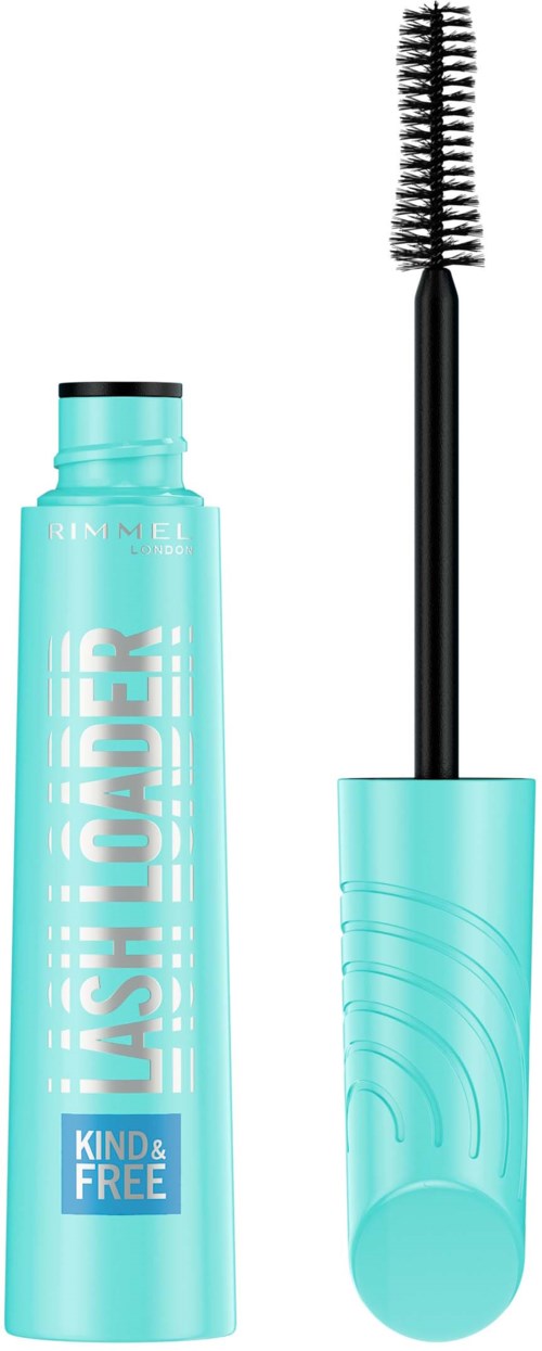 A turquoise mascara tube with a black handle and a spiral brush applicator.