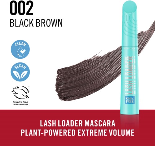 A mascara tube with a black-brown color, symbols for clean, vegan, cruelty-free, and a bold brush stroke design.