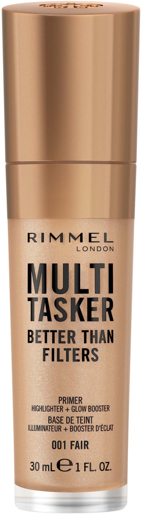 Een beige en gouden fles Rimmel London Multi Tasker primer met de woorden "Better Than Filters".