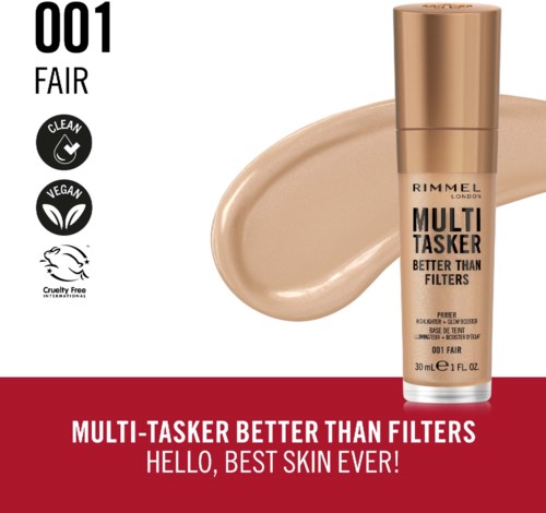 Een tube Rimmel London Multi-Tasker foundation naast een vlek van het product en tekst over de eigenschappen.