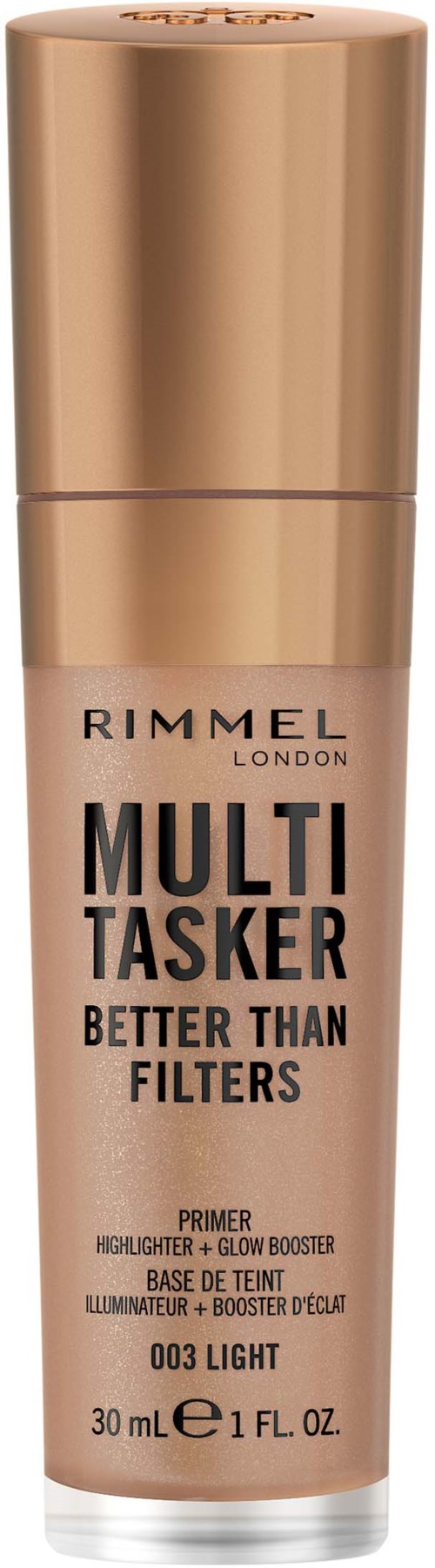 Rimmel London Multi Tasker -pohjustaja, vaaleanbeigeväri ja kultakalvo, sisältää käyttöohjeet ja sävyn.