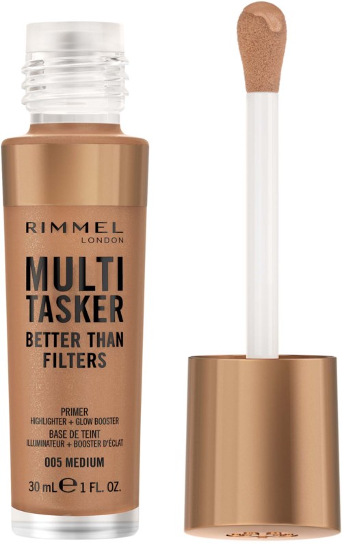 Rimmel London Multi-Tasker primer -pullo, jossa on sienitela ja kultainen suojus.