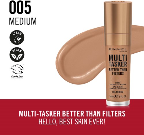 Meikkivoidepullo merkinnä '005 Medium', värinäyte ja teksti vegaanisesta, cruelty-free ja paremman kuin filtterin.