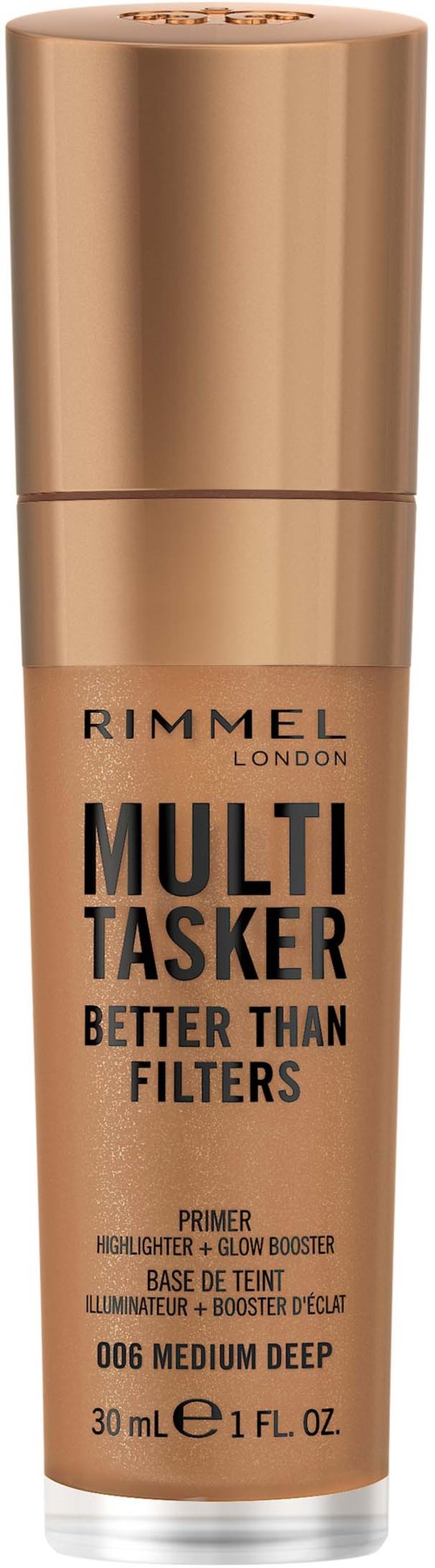 Rimmel London meikkiprimeripullo, jossa lukee 'Multi Tasker', luvaten kirkkauden ja hehkun medium syvässä sävyssä.